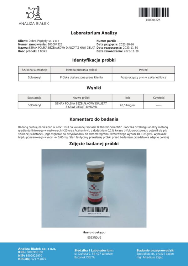 Żel-Bezbiałkowy dializat z krwi cieląt 4,15 mg/g
